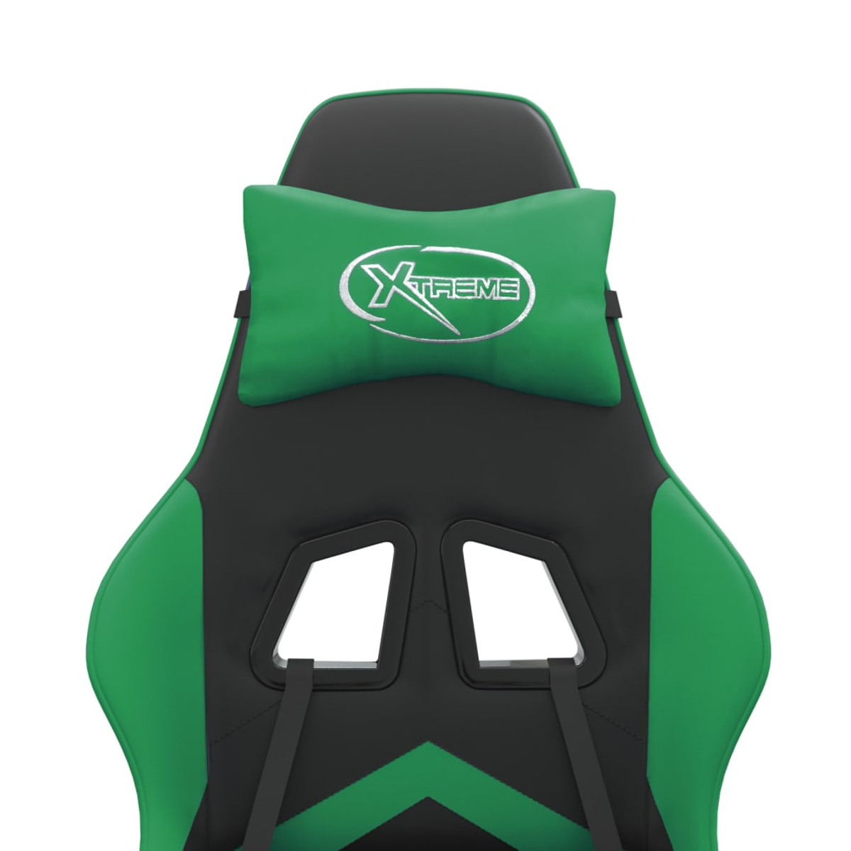 Grüner und schwarzer Gaming-Stuhl. Er hat ein Kopfkissen mit dem Wort "XTREME". Der Stuhl hat eine schwarze Rückenlehne und grüne Seiten.