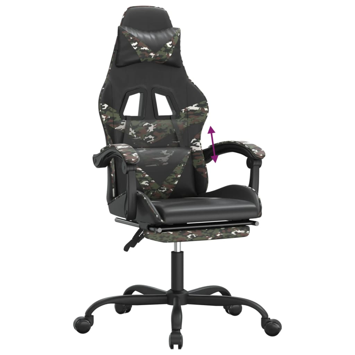 Ein Gaming-Stuhl mit Tarnmuster auf Rückenlehne und Armlehnen. Er hat ein schwarzes Gestell und steht auf Rädern. Ein Pfeil zeigt die Höhenverstellung an.