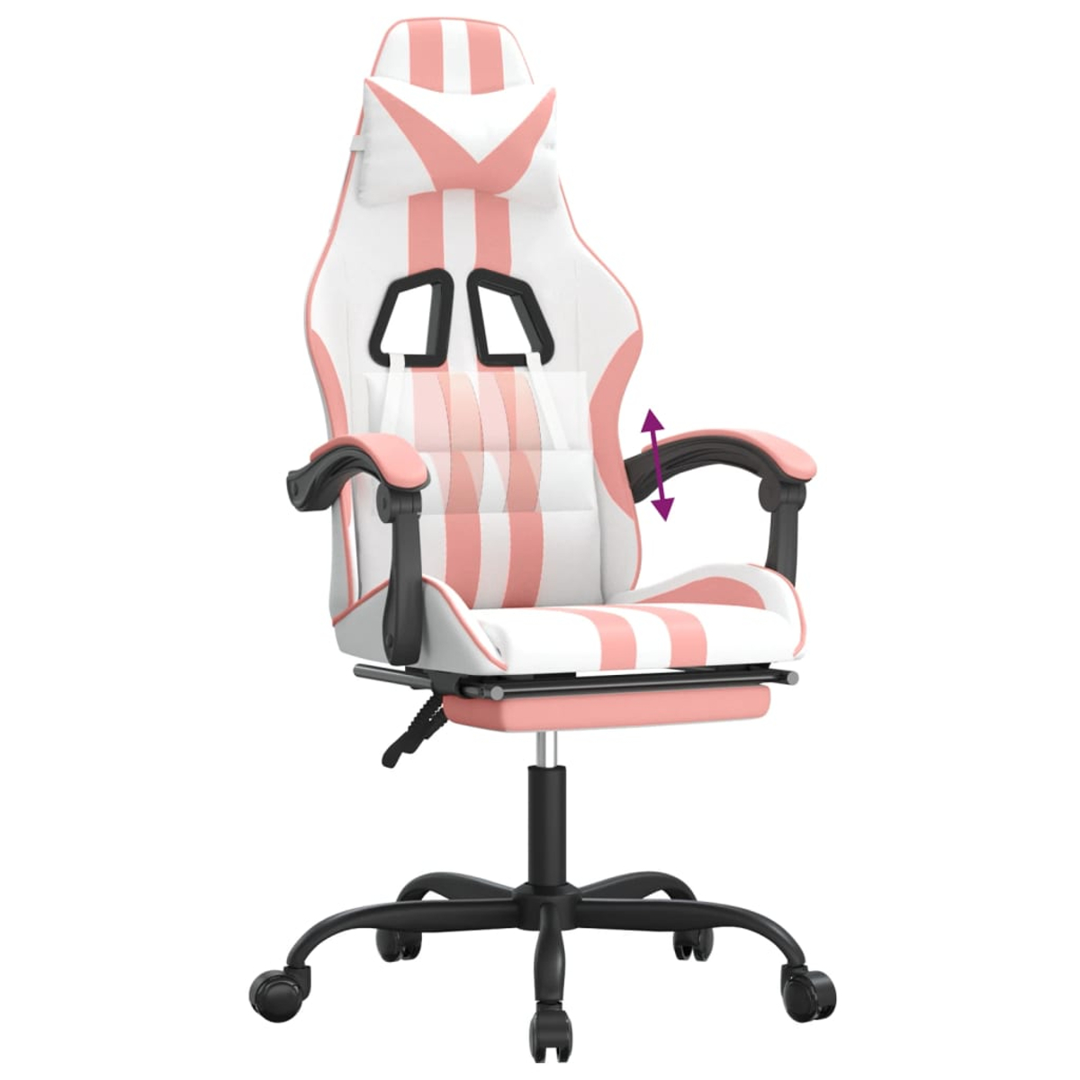 Gaming-Stuhl mit weiß-rosa Streifen, schwarzen Akzenten und Fünf-Rollen-Basis. Armlehnen haben Höhenverstellpfeile.