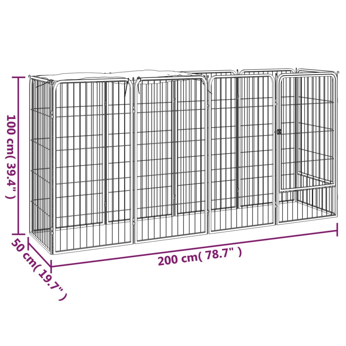 Metall-Haustier-Gehege, bestehend aus verbundenen Paneelen. Abmessungen: 100 cm hoch, 200 cm lang und 50 cm breit. Es hat eine Tür.