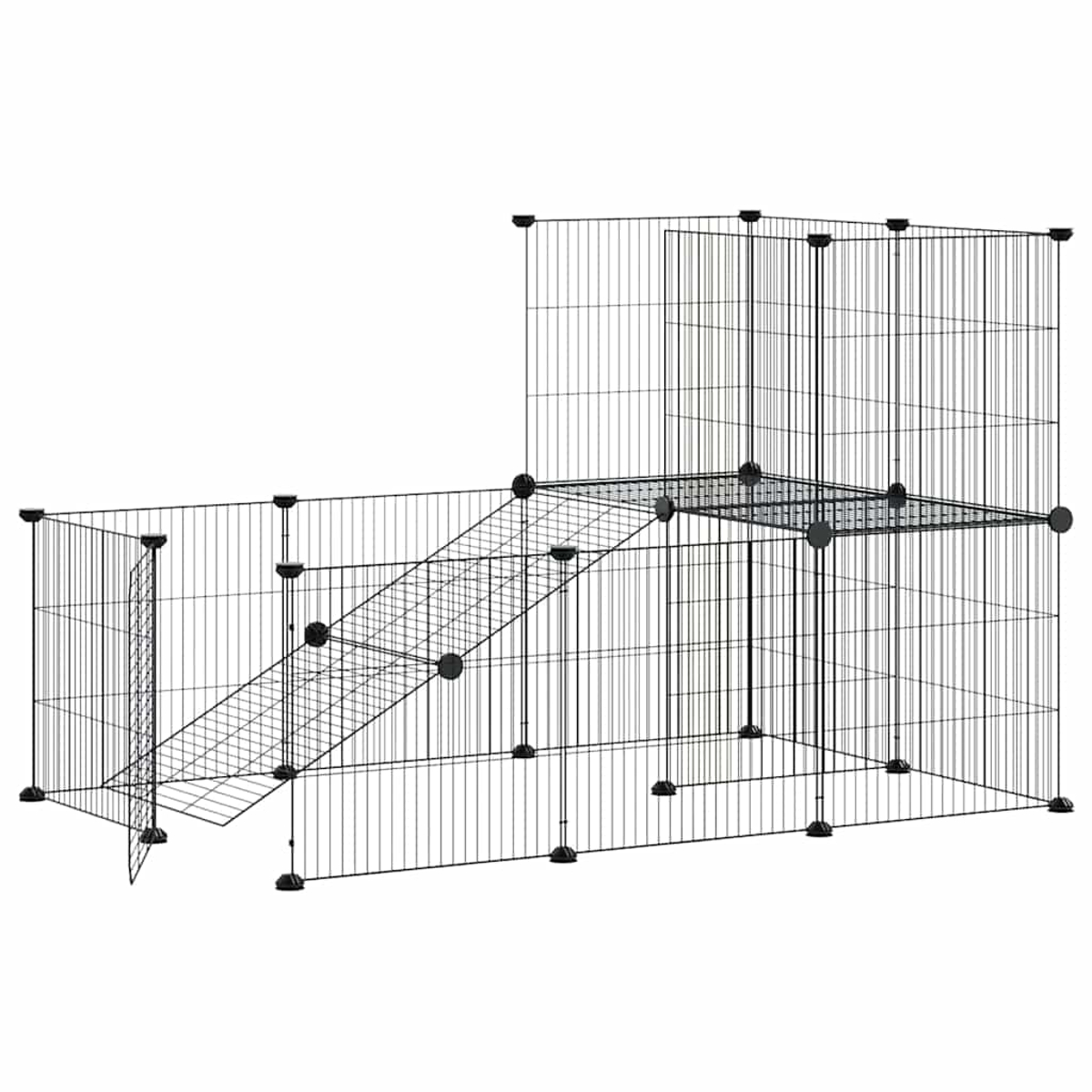 Eine schwarze Drahtkäfigstruktur mit Rampe und Plattform. Es ist für Kleintiere konzipiert. Der Hintergrund ist weiß.