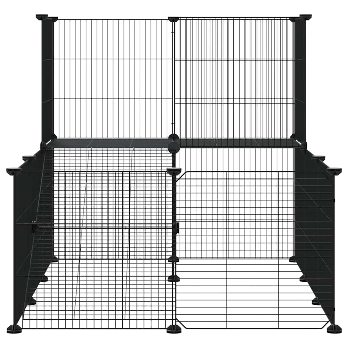 Schwarzer Metallkäfig für Haustiere. Er hat ein zweistöckiges Design mit Drahtgitterplatten und einem festen Sockel.