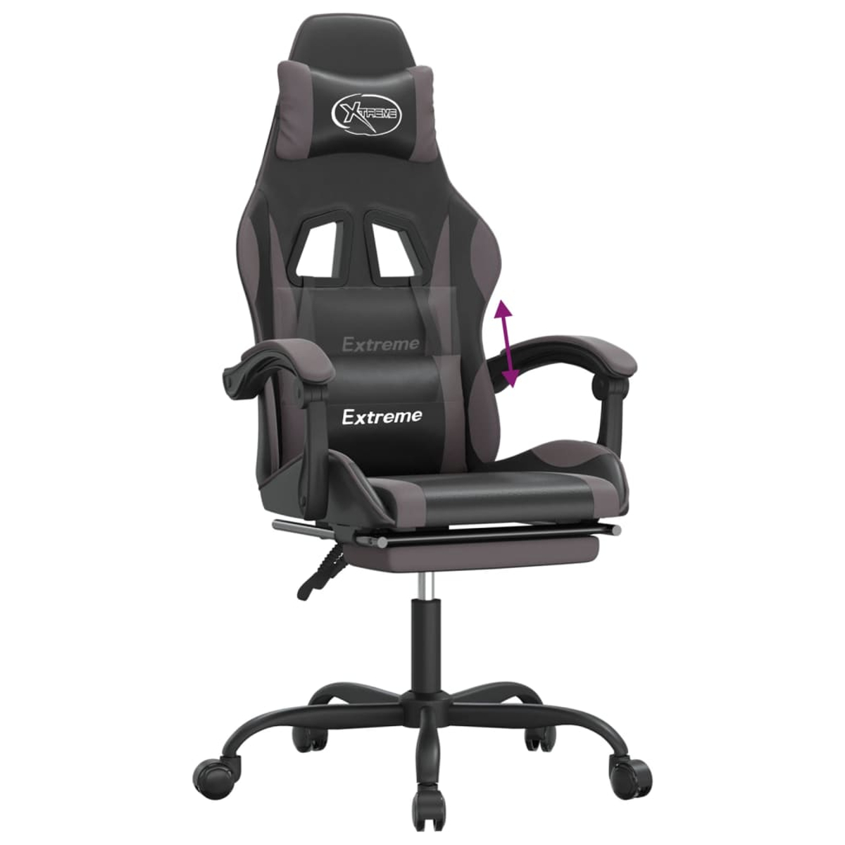 Ein schwarz-grauer Gaming-Stuhl mit 'Extreme'-Logo. Er hat eine Kopfstütze, Armlehnen und ein Fünf-Rollen-Gestell. Ein Pfeil zeigt die Höhenverstellung an.