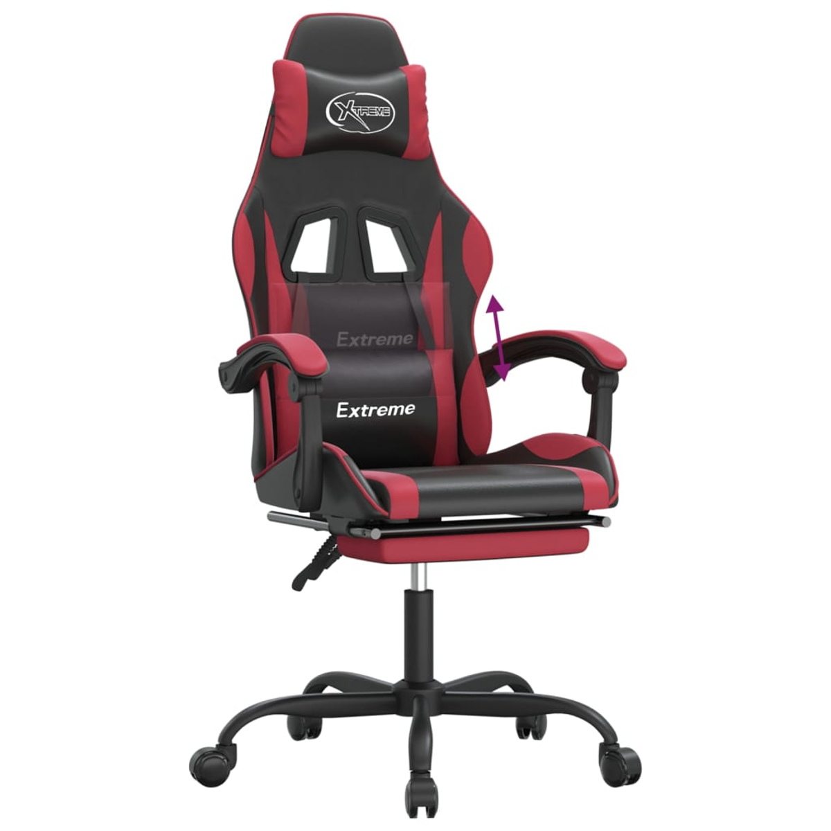 Gaming-Stuhl in Schwarz und Rot mit 'Xtreme'-Logo. Er hat Armlehnen, eine Kopfstütze und steht auf einem Rollenfuß. Der Sitz hat eine Fußstütze.