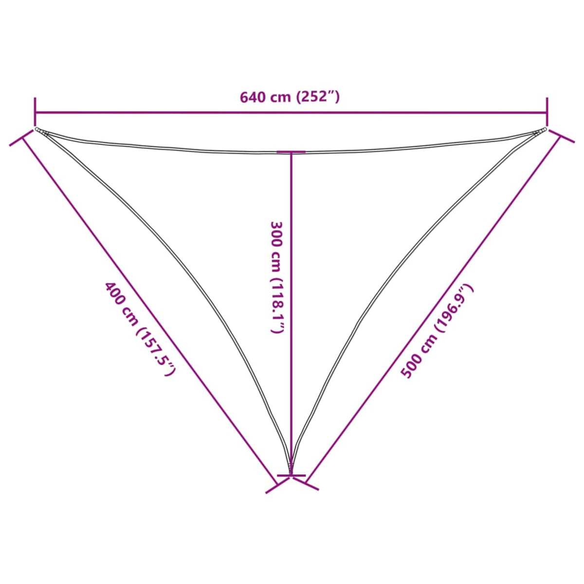 Diagramm eines dreieckigen Sonnensegels mit den Maßen: 640 cm, 400 cm, 500 cm und 300 cm. Alle Maße sind in cm und Zoll angegeben.