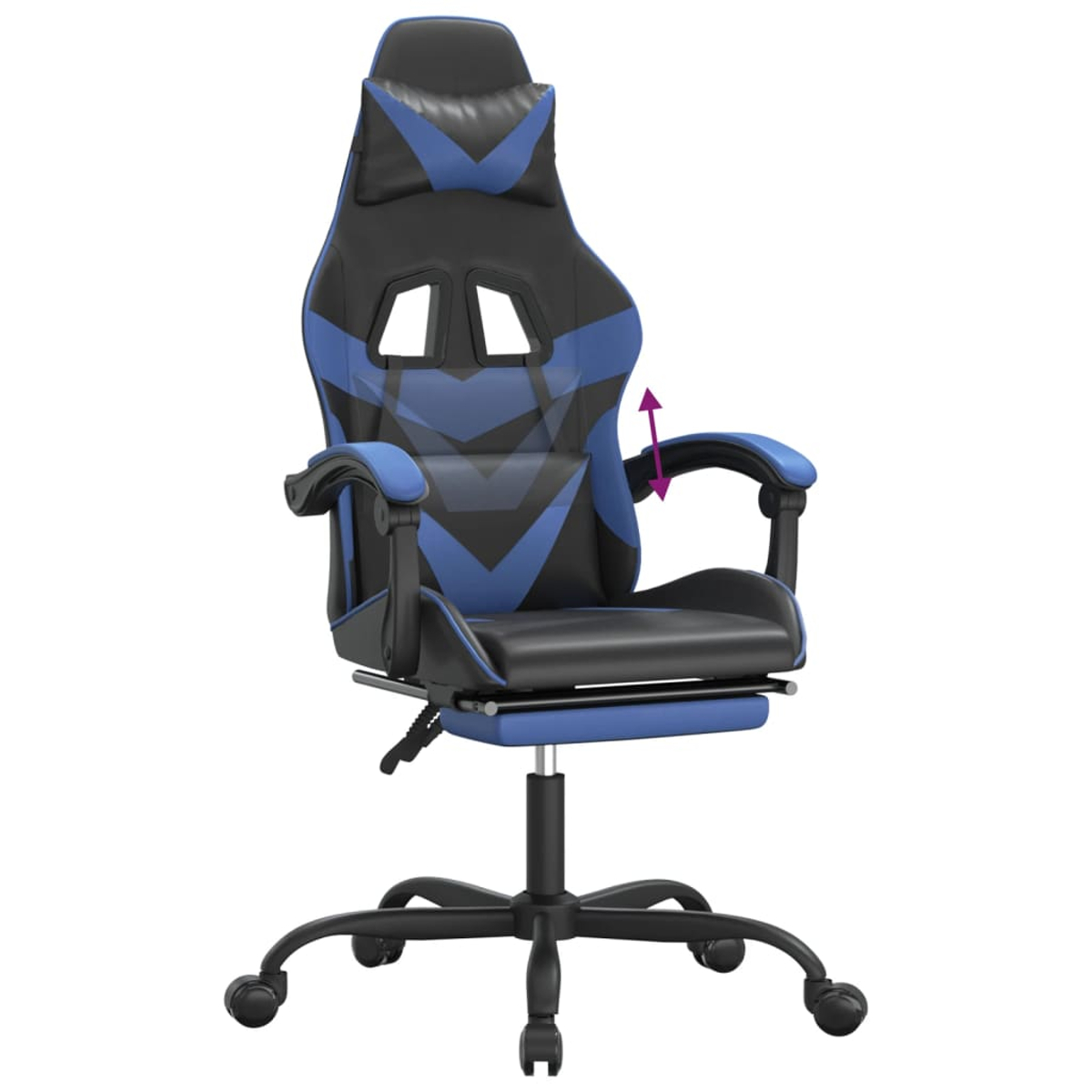 Ein Gaming-Stuhl mit schwarz-blauem Design, höhenverstellbar mit Armlehnen. Er hat eine Kopf- und Fußstütze.
