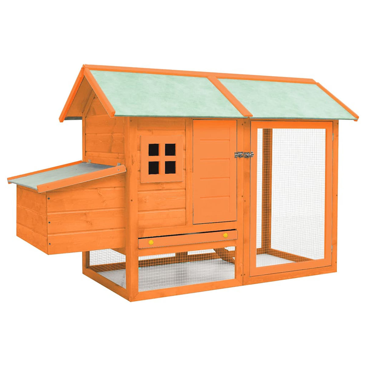 Ein orangefarbener Hühnerstall aus Holz mit einem grünen Dach. Er hat eine Tür, ein Fenster und ein Drahtgeflechtgehege.