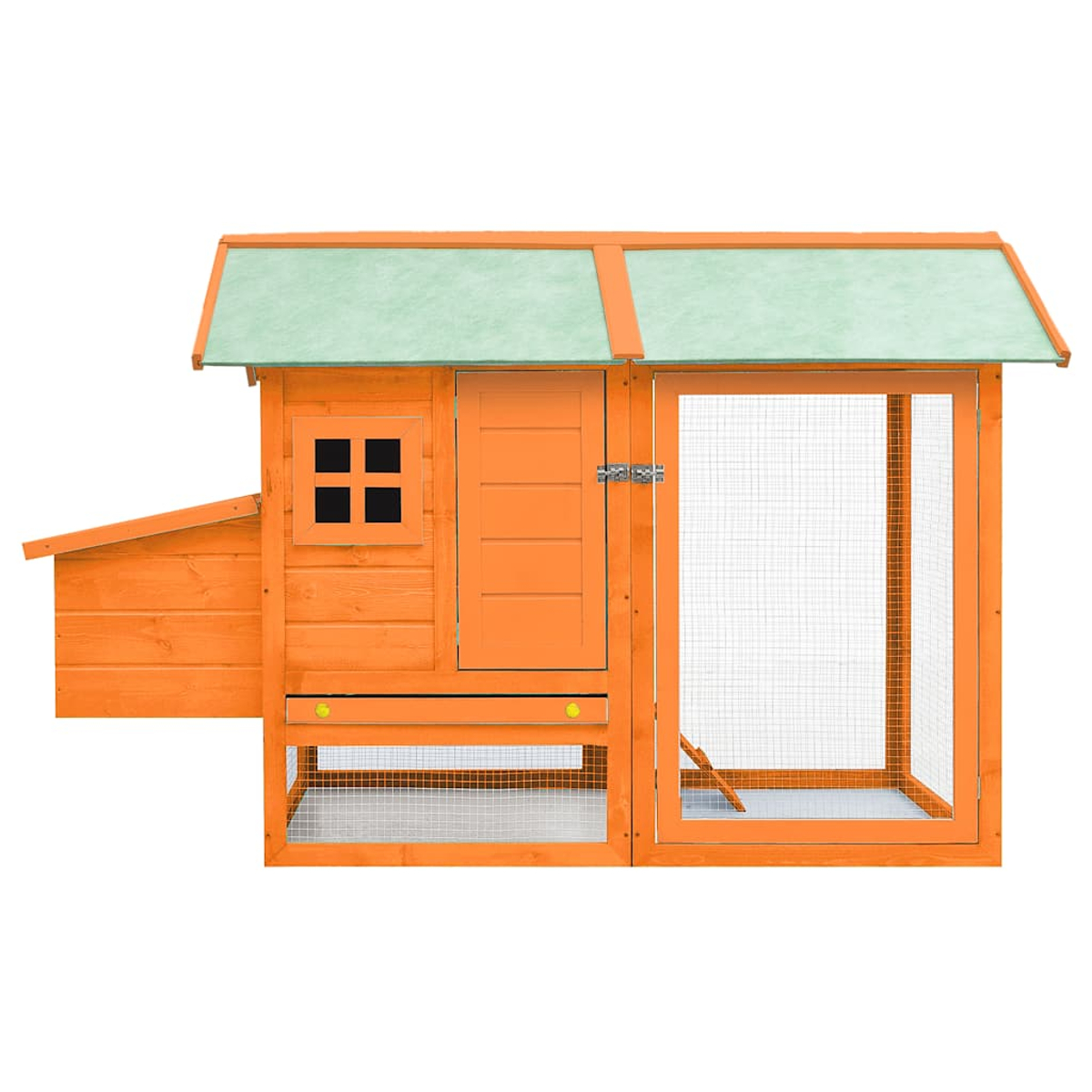 Ein orangefarbener Hühnerstall aus Holz mit grünem Dach. Er hat eine Tür, ein Fenster und ein Drahtgeflechtgehäuse.