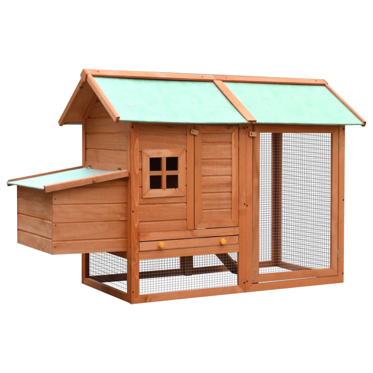 Ein hölzerner Hühnerstall mit grünem Dach. Er hat eine Nistkasten, Fenster, Tür und einen Drahtgeflecht-Einschluss. Der Stall ist auf Weiß isoliert.