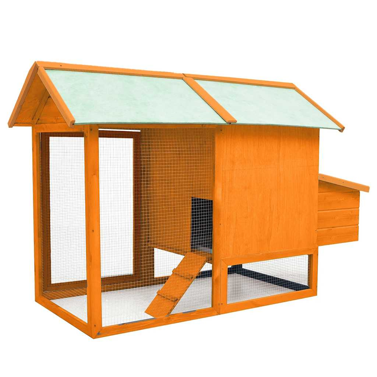 Hühnerstall aus Holz mit orangem Rahmen, Drahtgeflecht und grünem Dach. Mit Rampe und kleinem Seitenstall.