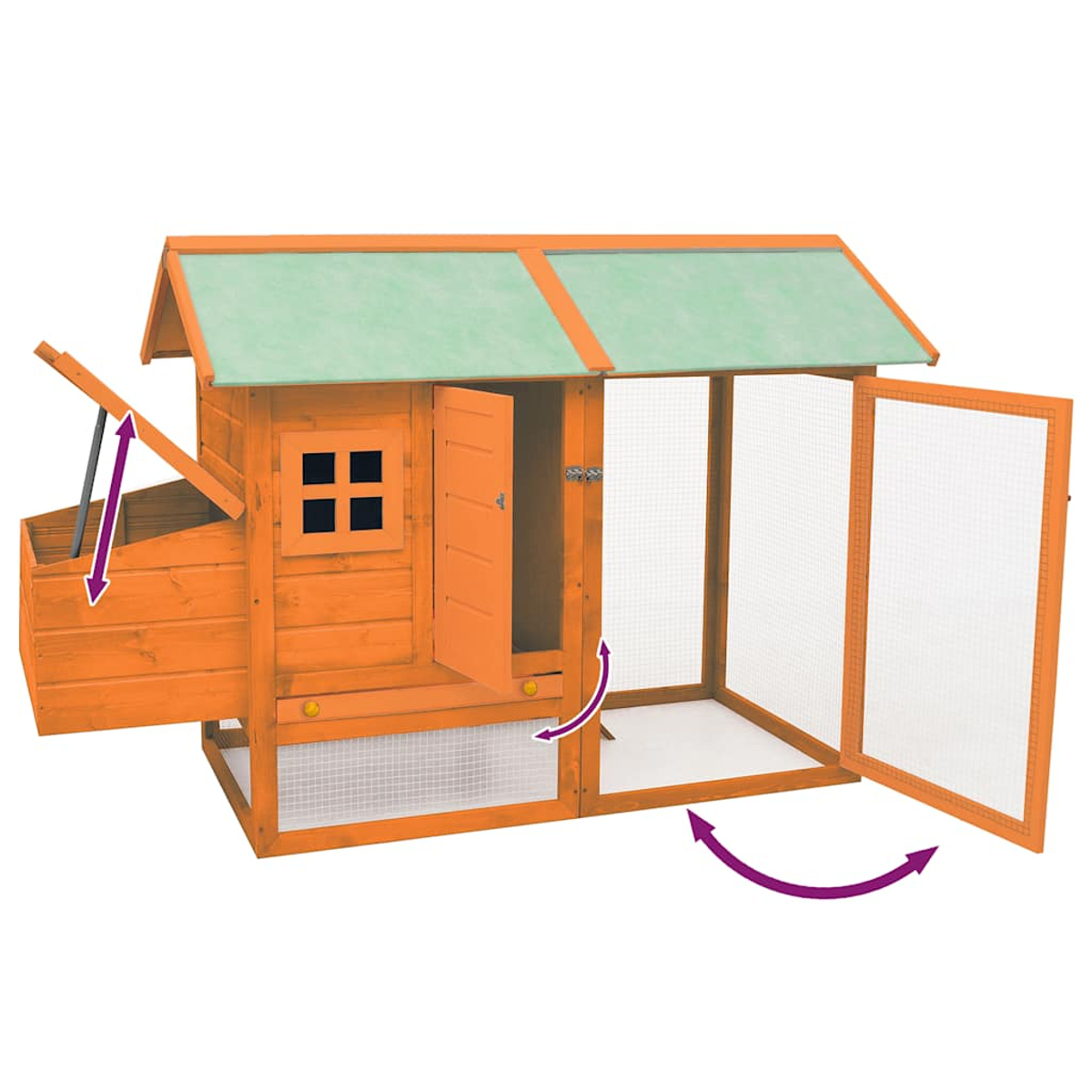 Ein hölzerner Hühnerstall mit offener Tür und Klappdach. Der Stall ist orange mit grünem Dach und einer Tür aus Drahtgeflecht.