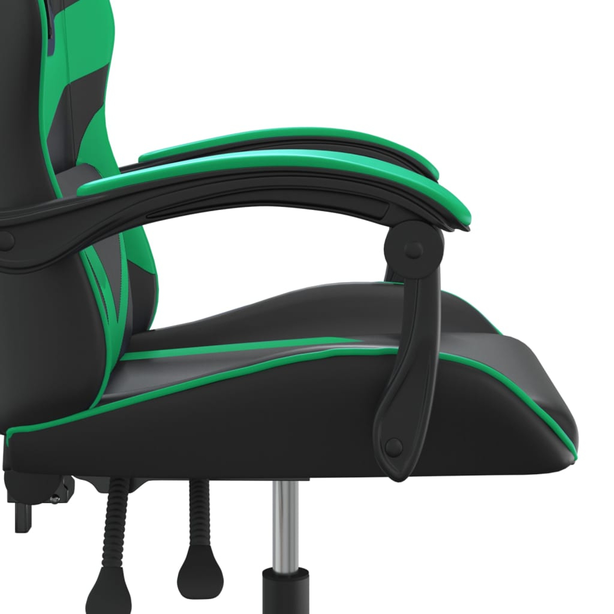 Gaming-Stuhl mit schwarzen und grünen Akzenten. Mit Armlehnen und einem Sitz mit grünen Zierleisten. Der Stuhl hat ein silbernes Gestell und schwarze Beine.