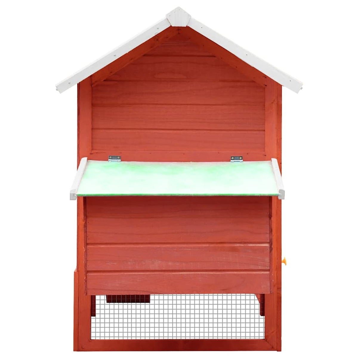 Ein roter Hühnerstall aus Holz mit weißem Dach. Er hat ein grünes Regal und einen Drahtgitterboden. Isoliert auf Weiß.