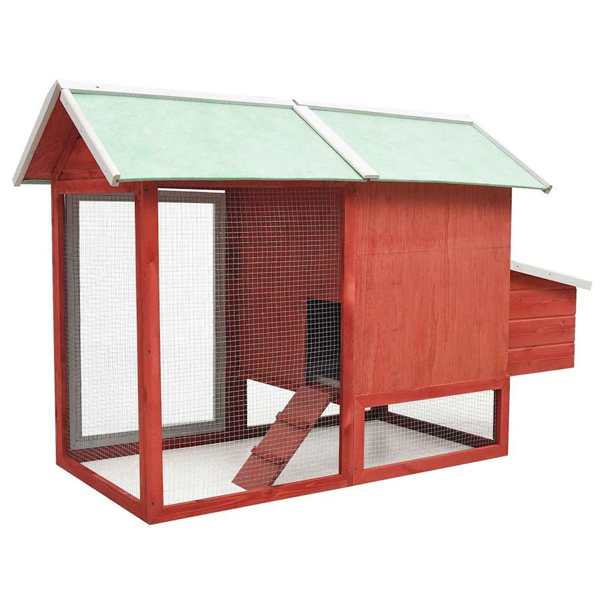 Ein roter Hühnerstall aus Holz mit grünem Dach. Er hat Wände aus Drahtgeflecht und eine Rampe nach innen.