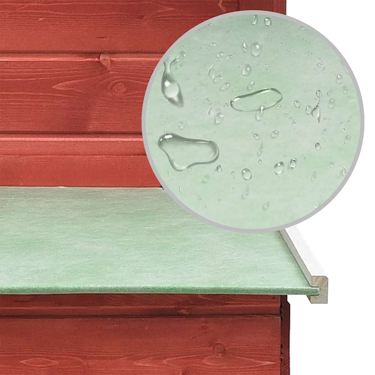 Nahaufnahme einer Holzkonstruktion. Zeigt eine rote Holzwand und eine grüne Oberfläche mit Wassertropfen. Ein kreisförmiges Detail zeigt das Wasser.