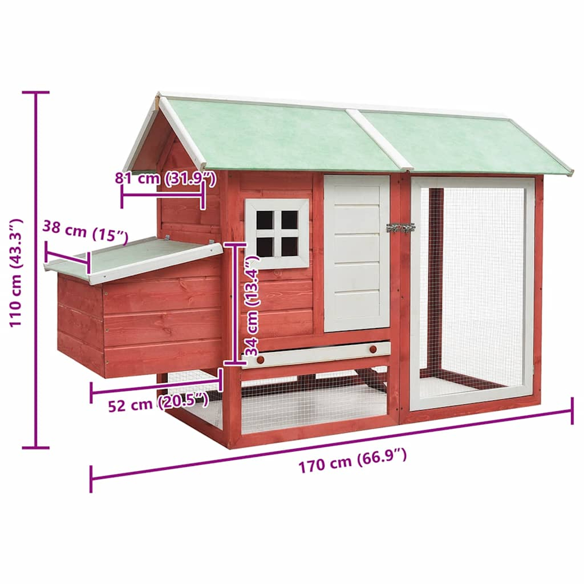 Ein roter Hühnerstall aus Holz mit grünem Dach. Abmessungen sind angegeben. Er hat eine Tür, ein Fenster und einen Drahtnetzabschnitt.