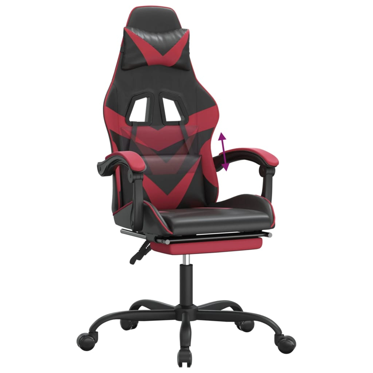 Ein Gaming-Stuhl, schwarz und rot, mit Kopfstütze und Armlehnen. Der Sitz ist schwarz, die Rückenlehne hat rote Akzente. Rollen an der Basis.