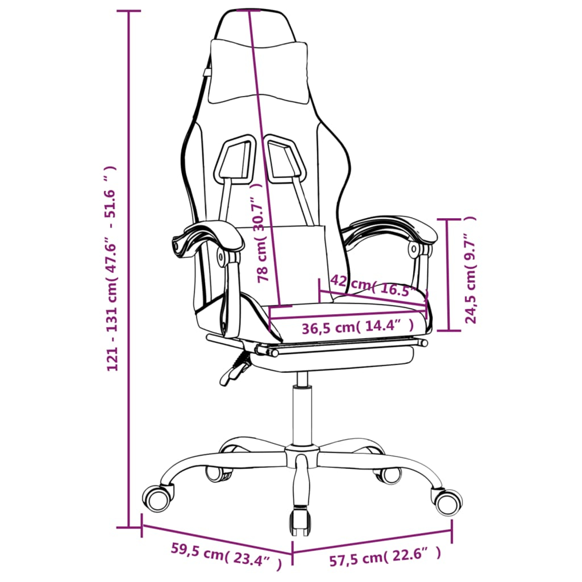 Ein Gaming-Stuhl mit Maßangaben. Höhe: 121-131 cm, Breite 59,5 cm, Sitztiefe 36,5 cm. Der Stuhl hat Räder und Armlehnen.