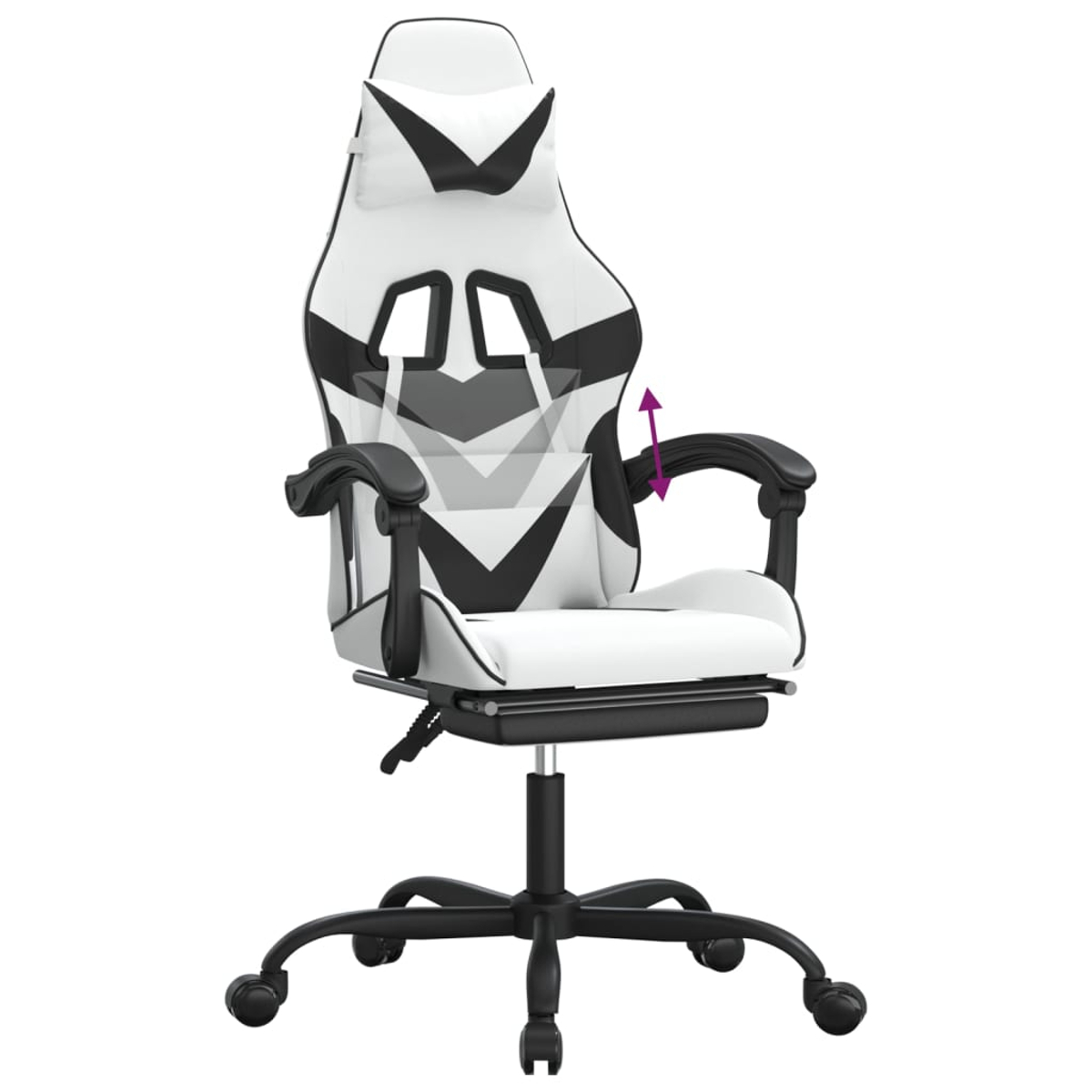 Gezeigt wird ein weiß-schwarzer Gaming-Stuhl. Er hat eine Kopfstütze und Armlehnen. Der Stuhl steht auf einem schwarzen Untergestell mit Rollen.