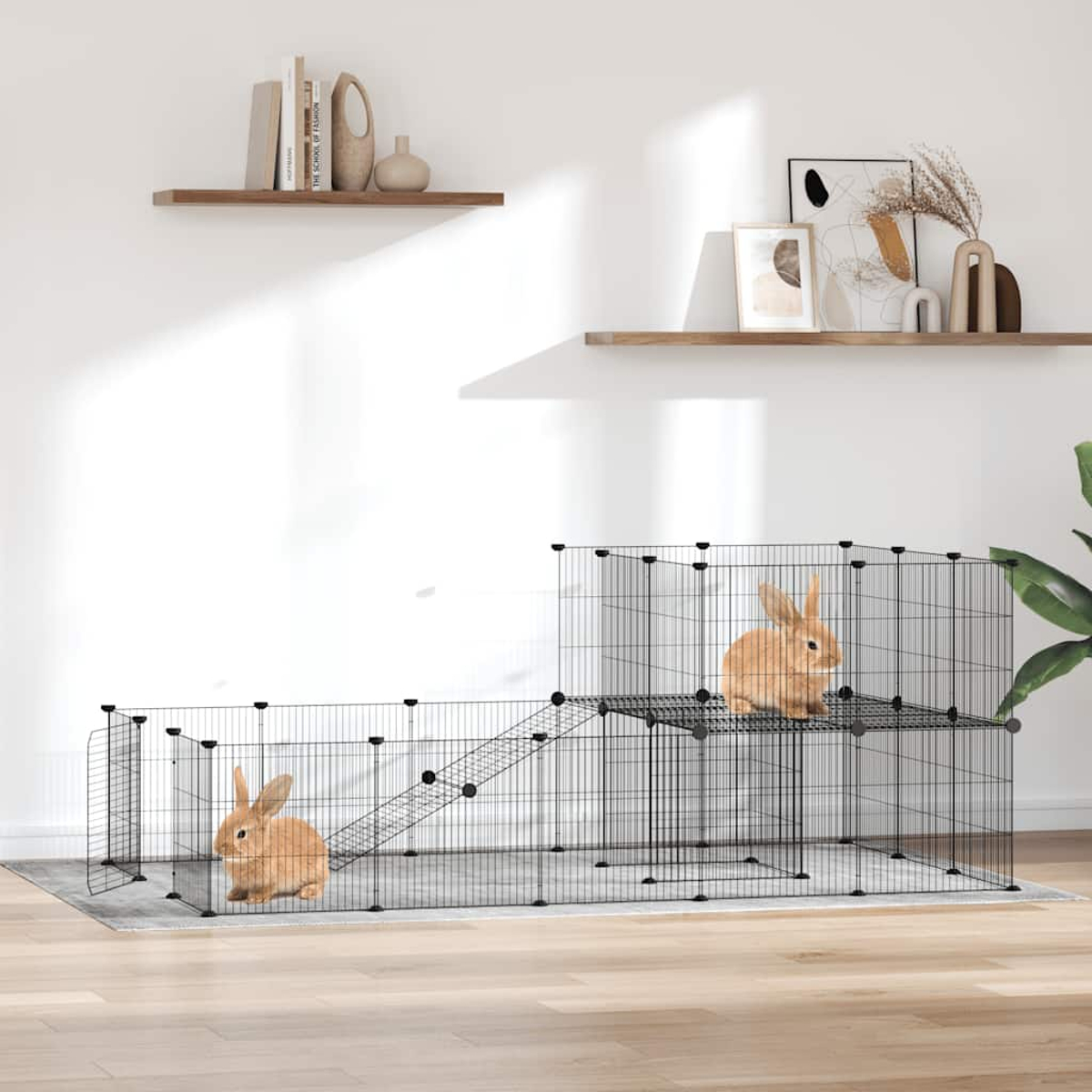 Zwei braune Kaninchen in einem Drahtkäfig. Der Käfig hat eine Rampe und eine Plattform. Regale mit Dekoration befinden sich an der weißen Wand im Hintergrund.