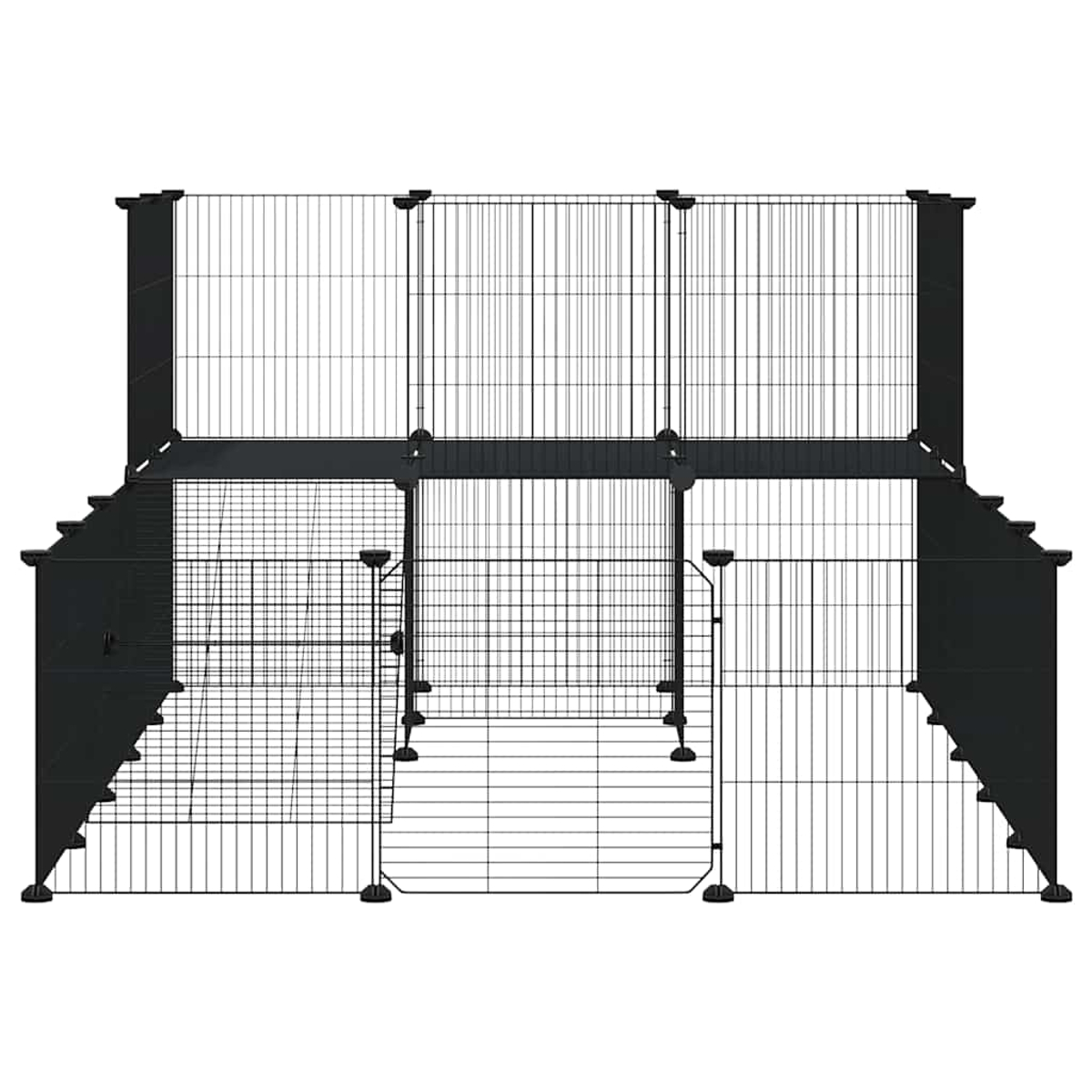 Schwarzes Draht-Haustiergehege. Verfügt über mehrere Fächer, Drahtgeflecht und feste schwarze Stützen. Enthält eine Rampe und verschiedene Einstiegspunkte.