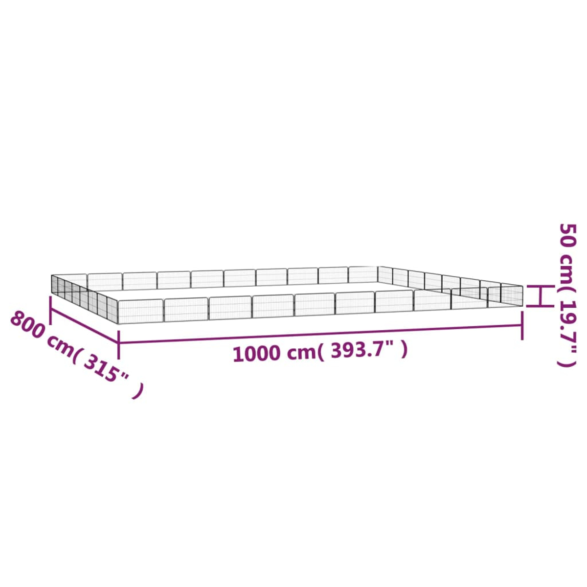 Die Abbildung zeigt einen rechteckigen Zaun mit Beschriftungen. Der Zaun ist 1000 cm lang, 800 cm breit und 50 cm hoch.