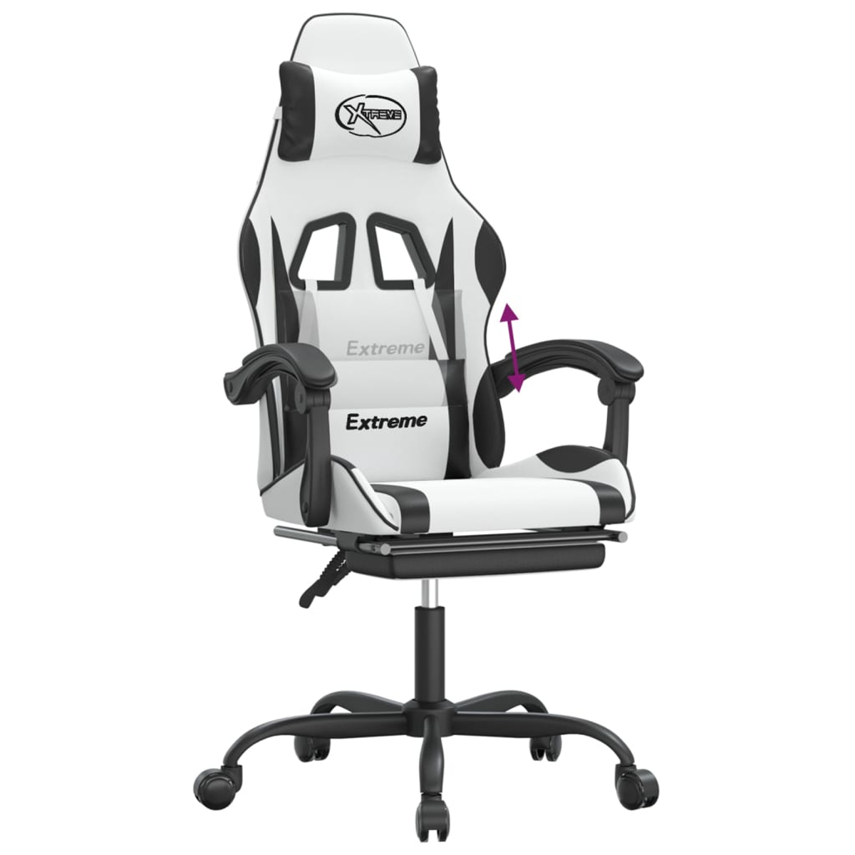 Weißer und schwarzer Gaming-Stuhl. Er hat eine hohe Rückenlehne, Armlehnen und ein Fünf-Rollen-Gestell. Der Stuhl hat das Wort 'Extreme' darauf.