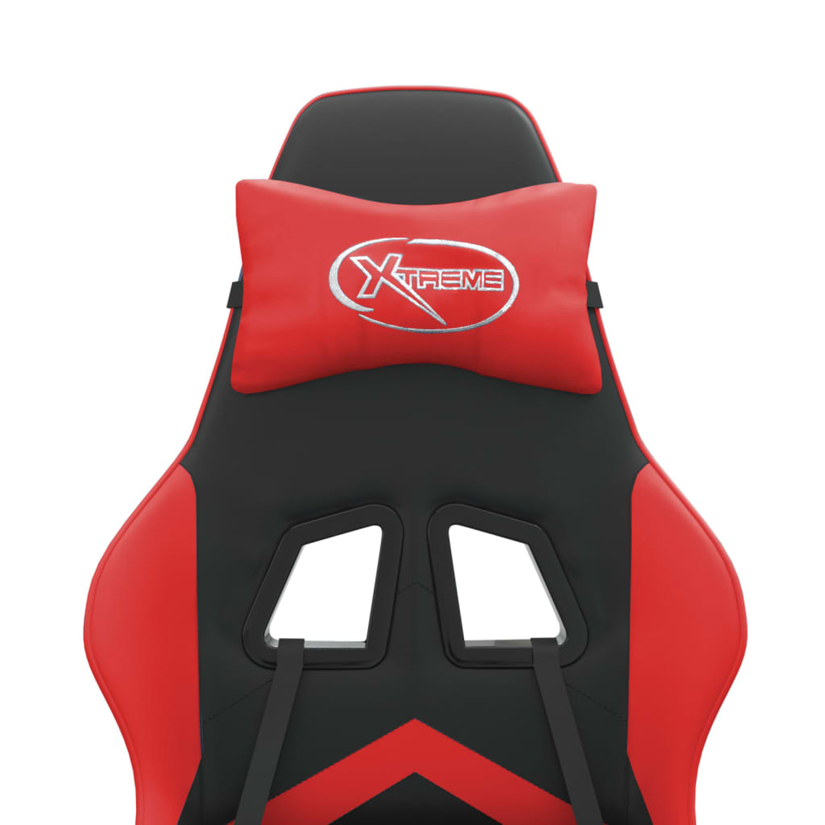 Roter und schwarzer Gaming-Stuhl. Rote Kopfstütze mit "Xtreme"-Logo. Schwarzer Rücken mit Aussparungen. Roter Sitz. Gurte sichtbar.