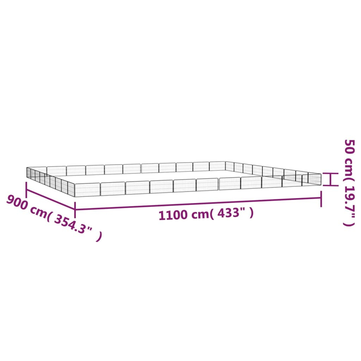Ein rechteckiger Metallzaun mit den Maßen 900 cm, 1100 cm und 50 cm. Der Zaun hat mehrere vertikale Stäbe.