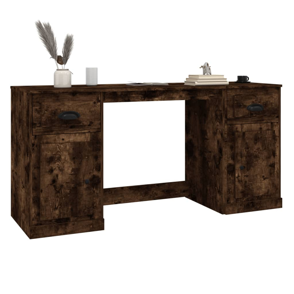 Ein dunkelbrauner Holzschreibtisch mit Schubladen, einer Vase, Büchern und einer Kaffeetasse. Der Schreibtisch hat einen großen offenen Bereich.