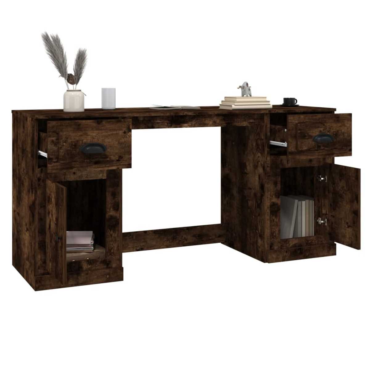 Ein dunkler Holzschreibtisch mit Schubladen und Schranktüren. Er hat eine Vase, eine Tasse, Bücher und eine kleine Elefantenstatue oben.