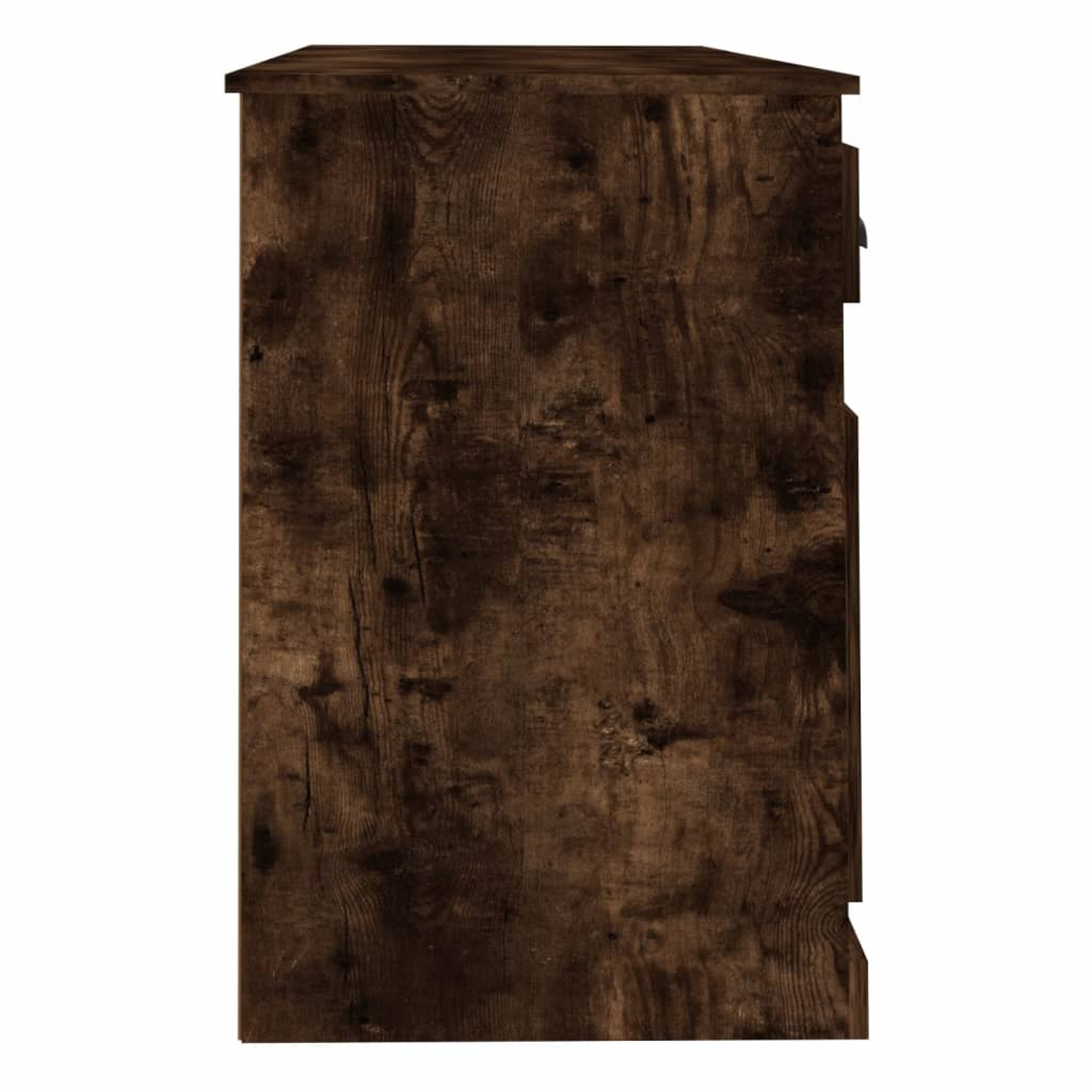 Seitenansicht eines dunkelbraunen Holzschranks. Die Holzmaserung ist sichtbar. Der Schrank hat eine einfache, rechteckige Form.