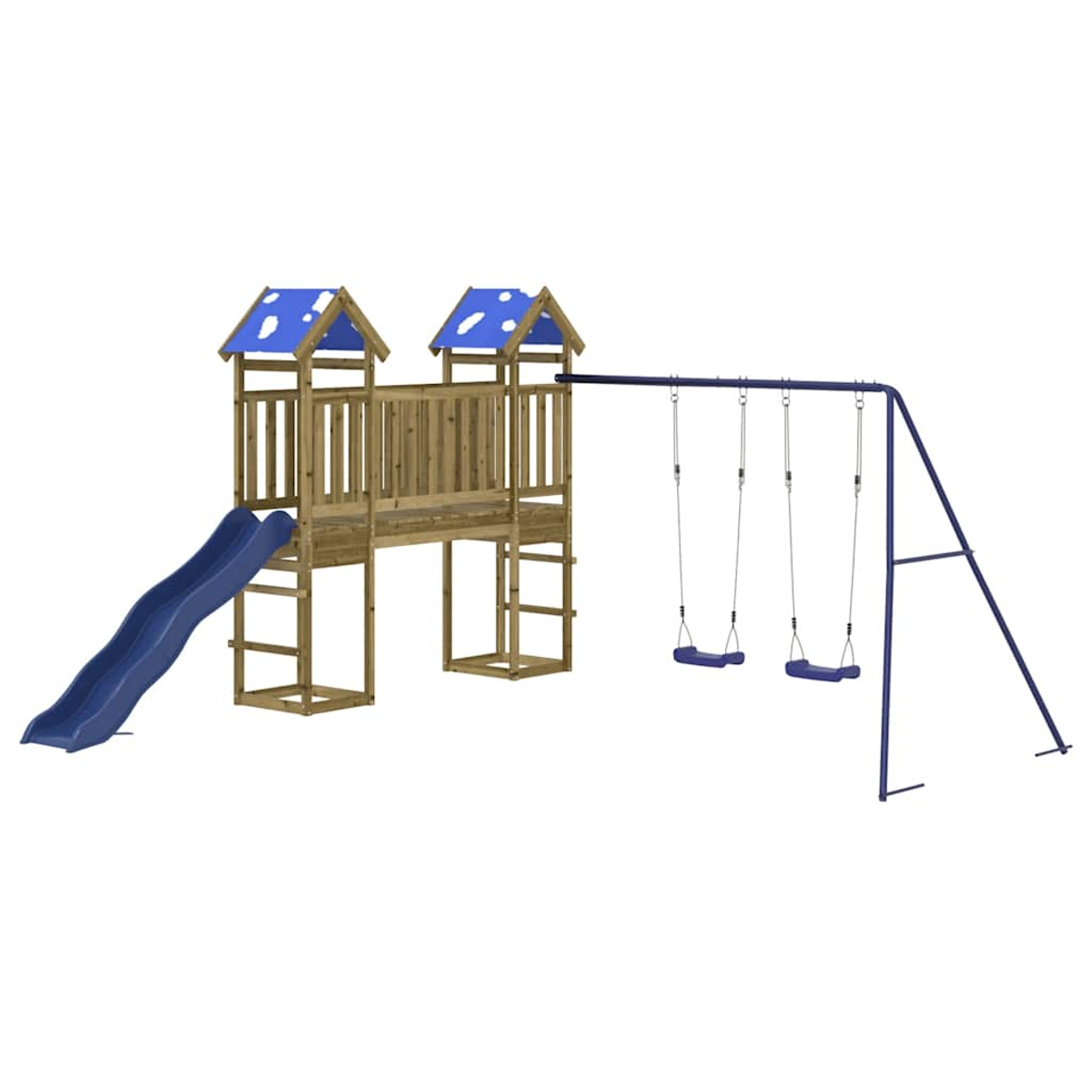 Ein hölzernes Spielplatzset mit Rutsche und zwei Schaukeln. Die Rutsche ist blau, die Dächer sind blau mit weißen Punkten.