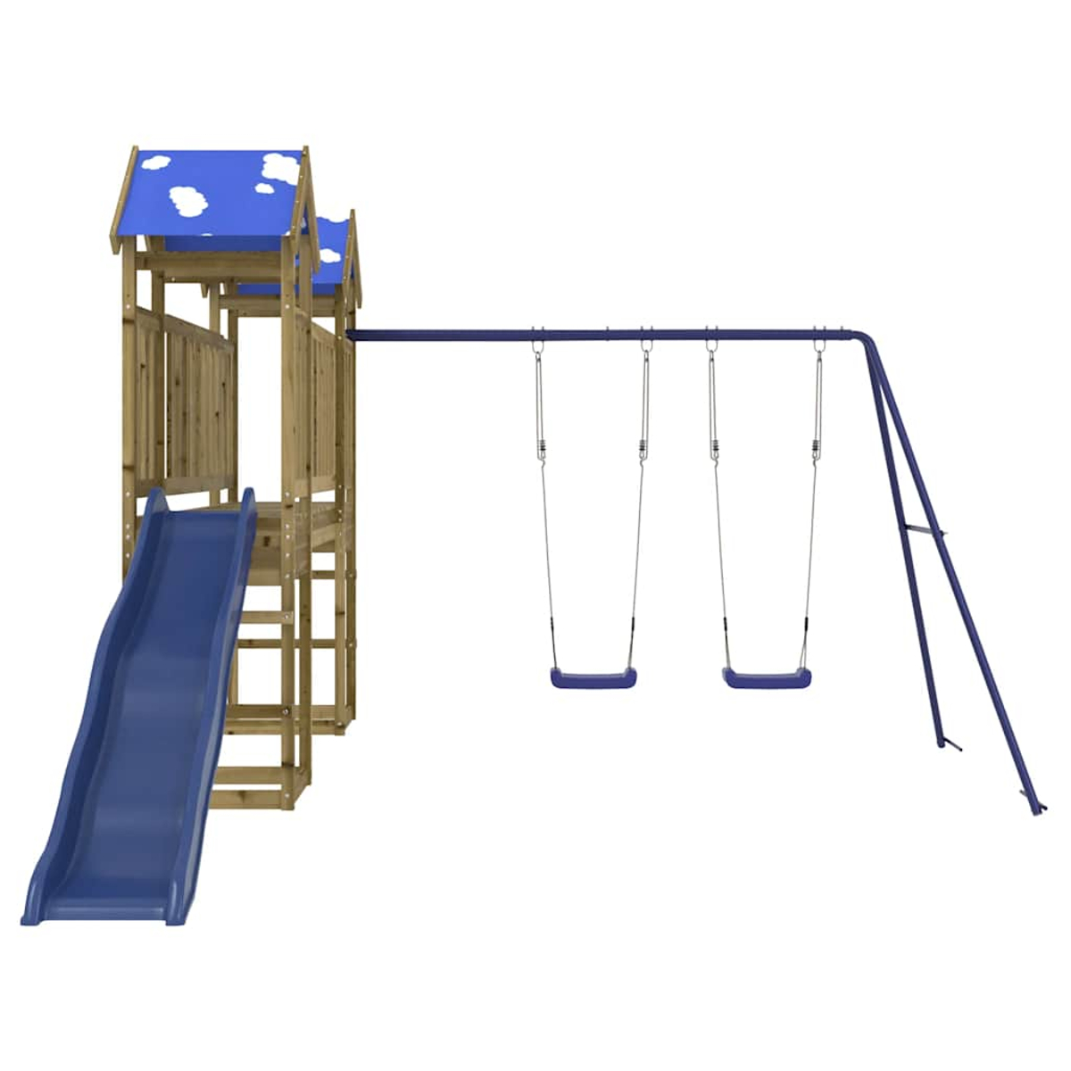 Ein Kinderspielplatz mit Holzkonstruktion, blauer Rutsche und zwei Schaukeln. Das Dach hat Blau mit weißen Wolken.