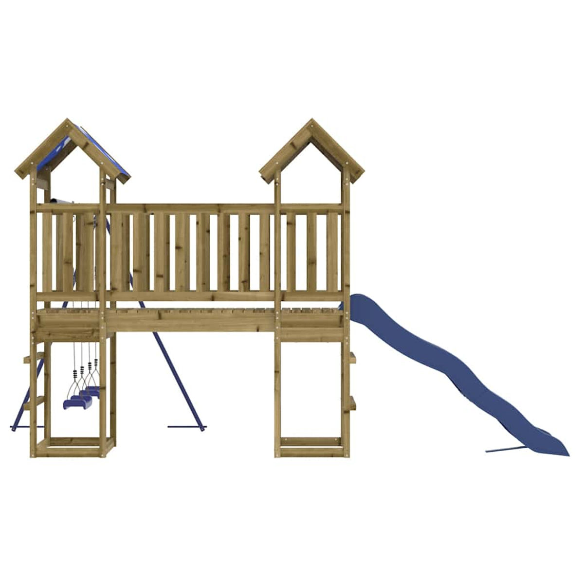 Holzspielplatz mit blauer Rutsche, Schaukeln und zwei kleinen Dachstrukturen. Die Struktur befindet sich vor weißem Hintergrund.