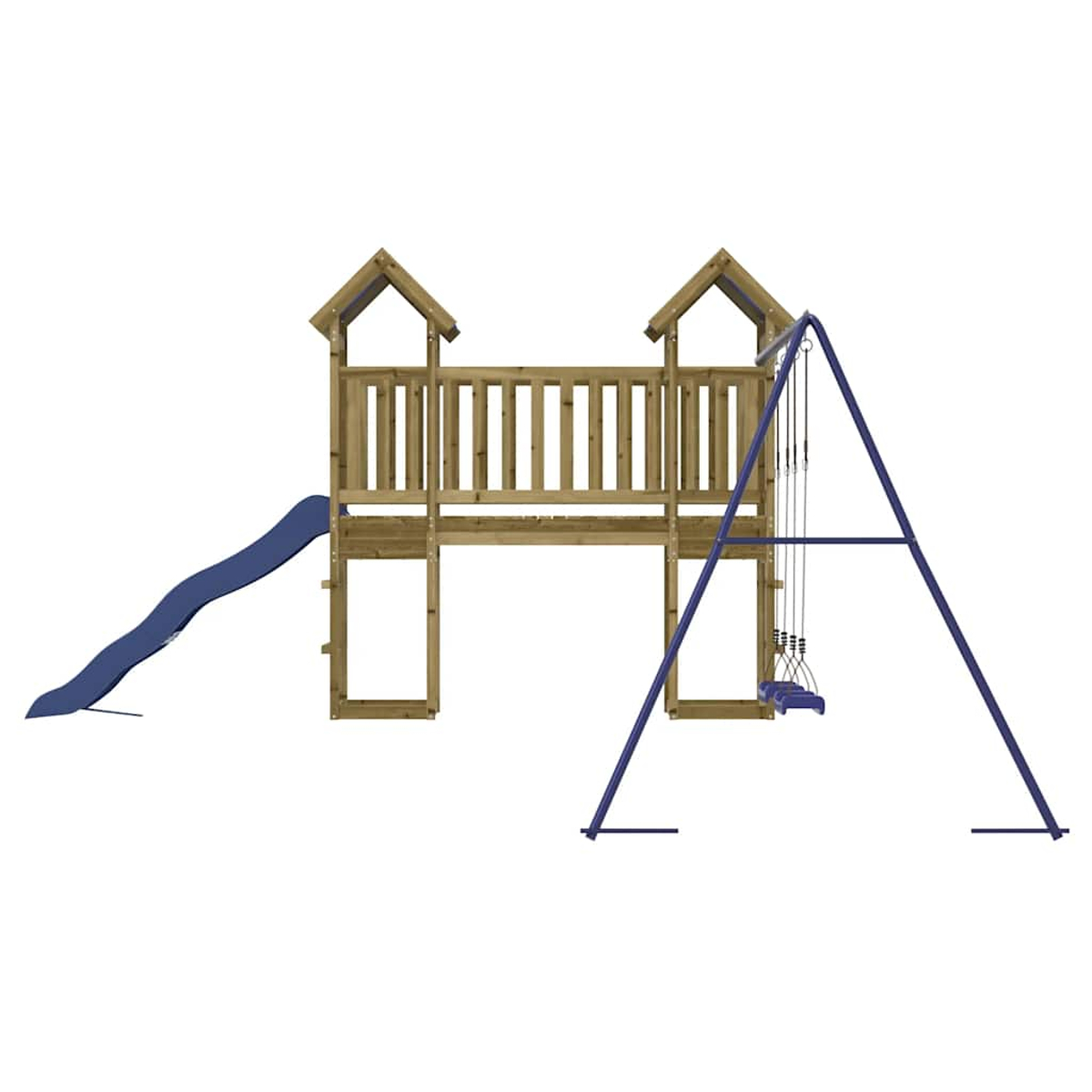 Ein Holzspielplatz mit einer blauen Rutsche, einer Schaukel und einer kleinen Spielhausstruktur auf weißem Hintergrund.