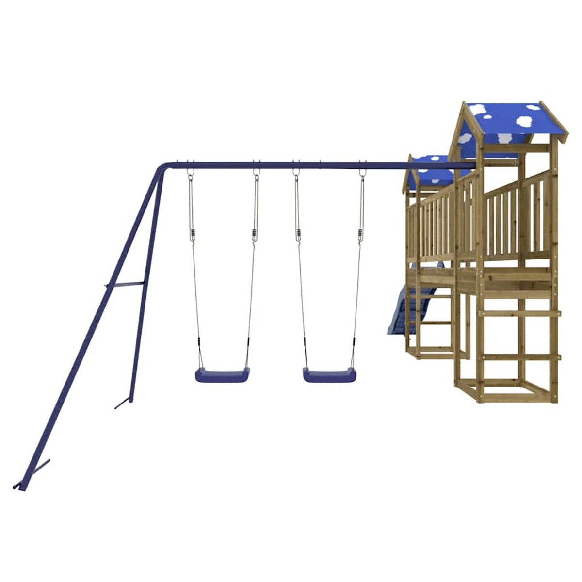 Ein Spielplatz mit Schaukeln und einer Holzspielstruktur mit Rutsche und blau-weißen Akzenten vor weißem Hintergrund.