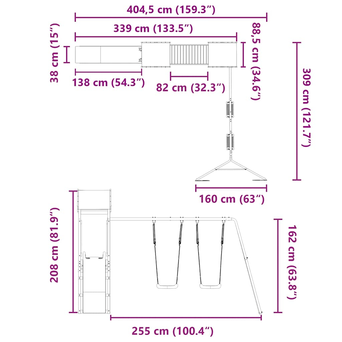 Diagramm eines Spielplatzes mit Abmessungen. Enthält eine Rutsche, eine Leiter, Schaukeln und einen Tragrahmen.