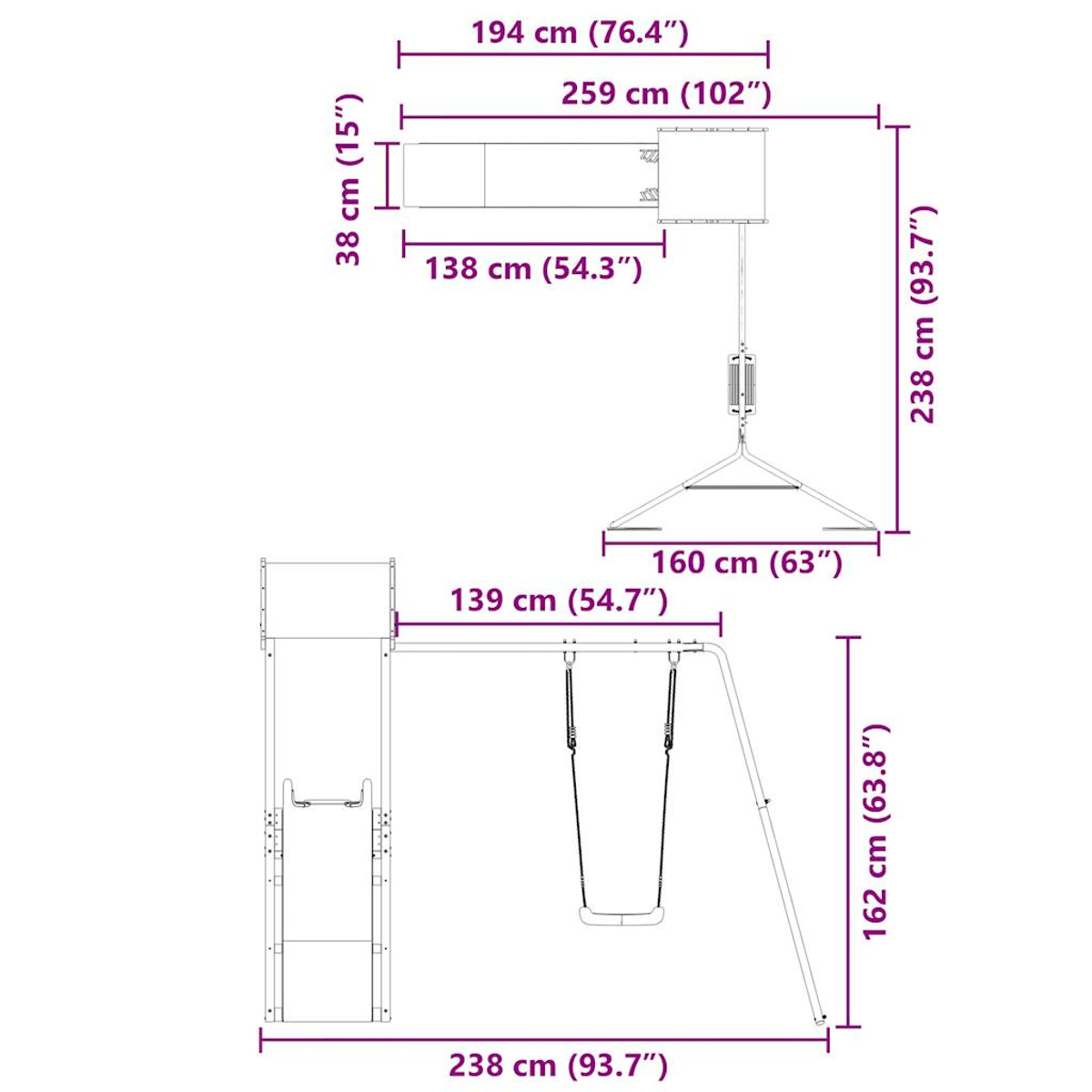Diagramm eines Spielplatzes mit Abmessungen in cm und Zoll. Enthält eine Rutsche, eine Schaukel und eine Kletterstruktur.