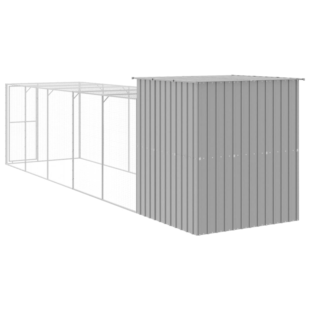 Metallkonstruktion, bestehend aus einem geschlossenen Schuppen und einem offenen Drahtgeflecht, beide grau. Der Schuppen ist rechts.