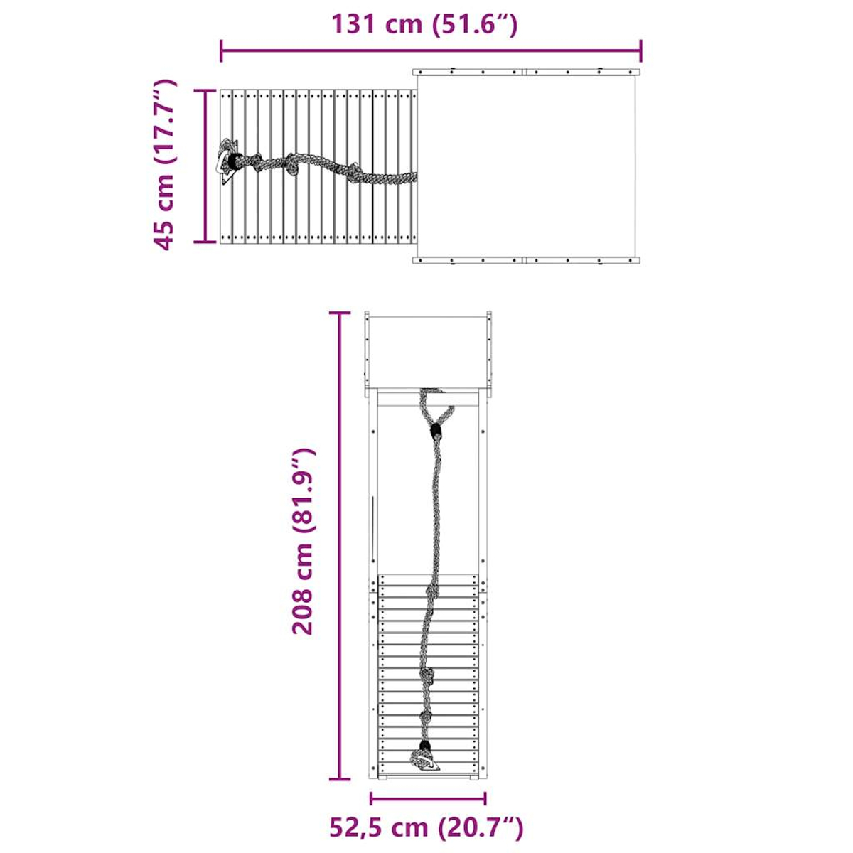 Ein Diagramm zeigt die Abmessungen einer Struktur. Es umfasst ein Kletterseil, eine Leiter und eine Plattform. Maße in cm und Zoll sind angegeben.
