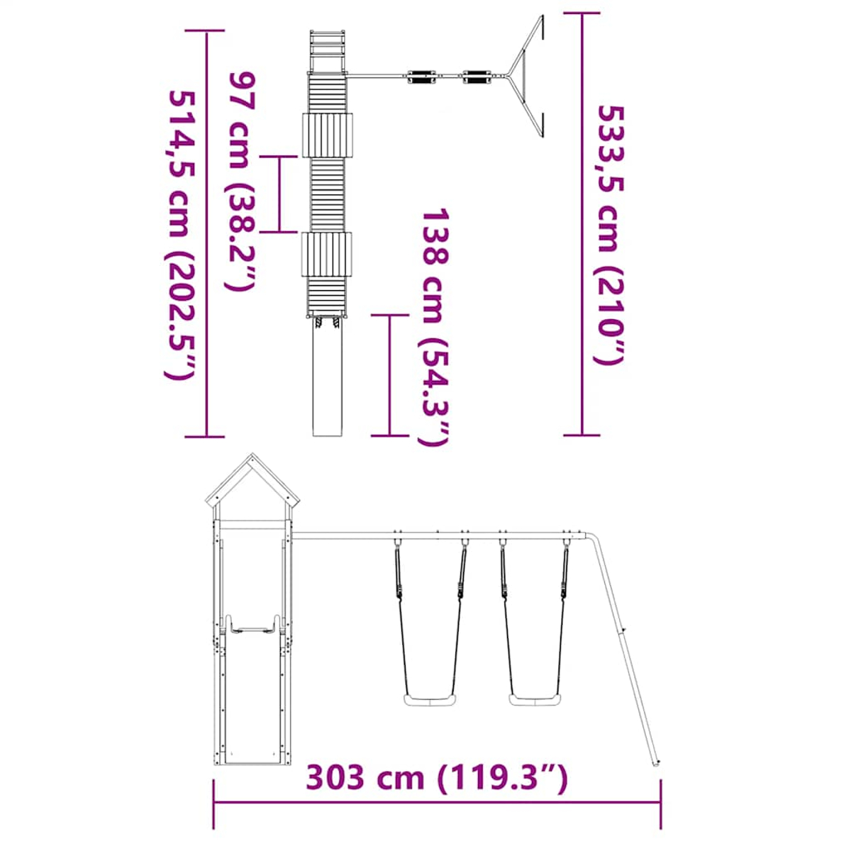 Diagramma di un parco giochi con dimensioni. Include una torre scivolo, altalene e un'altalena. Le misure sono in cm e pollici.