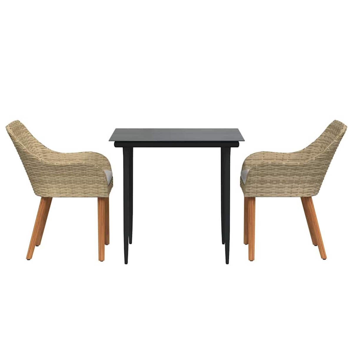Zwei Korbstühle stehen einem schwarzen Tisch gegenüber. Die Stühle haben Holzbeine und graue Kissen. Der Tisch hat schwarze Beine und eine Platte.