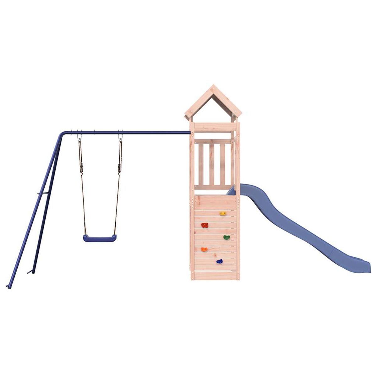 Ein hölzernes Spielplatzset mit Schaukel, Kletterwand und Rutsche. Die Rutsche ist blau. Das Set befindet sich auf weißem Hintergrund.