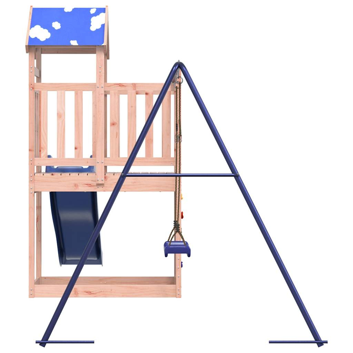 Ein Holzspielplatz mit blauer Rutsche, Schaukel und Dach mit Wolkenmotiven. Rahmen und Schaukel sind blau.