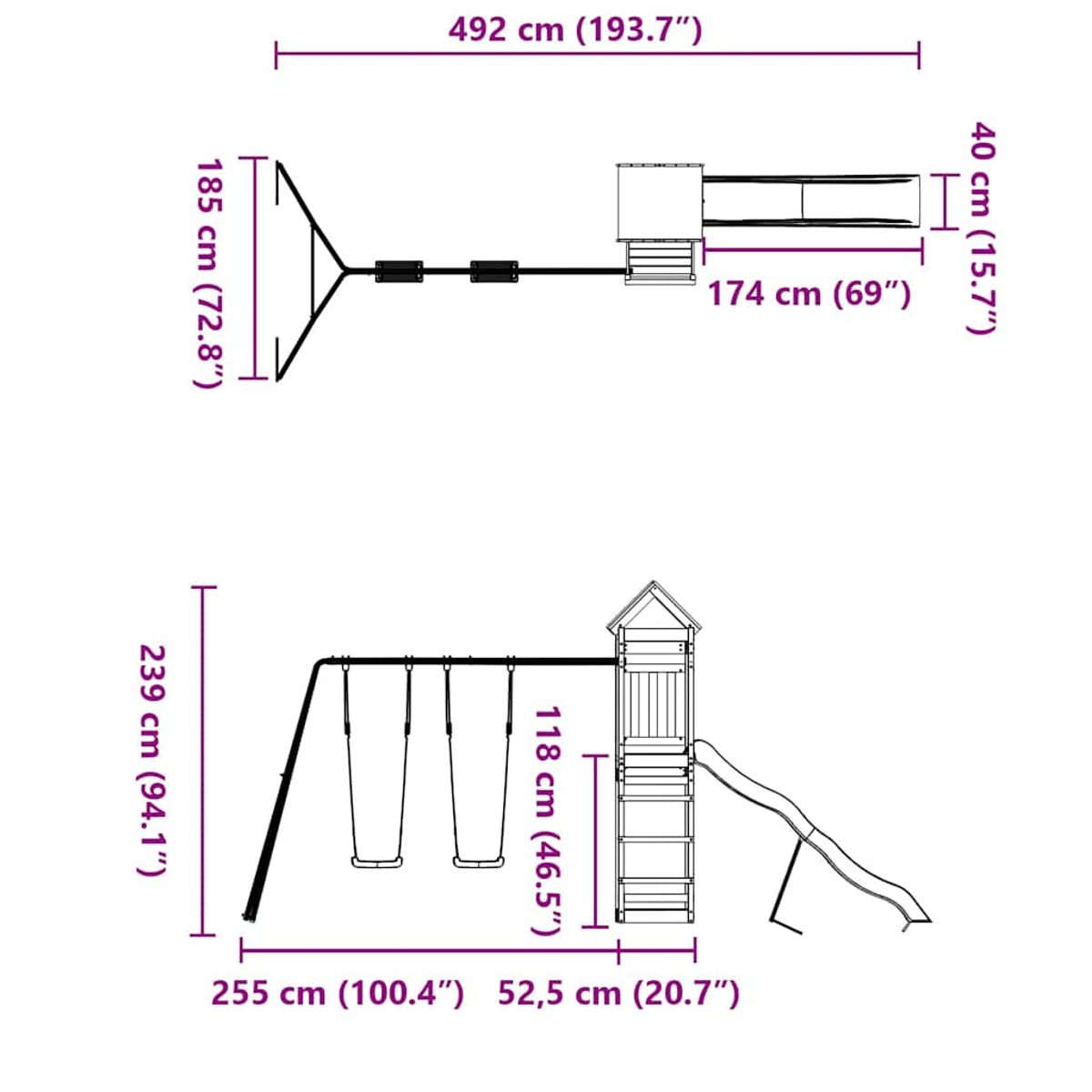 Diagramma di un parco giochi con dimensioni. Include altalene, uno scivolo e una struttura per arrampicarsi. Le misure sono in cm e pollici.