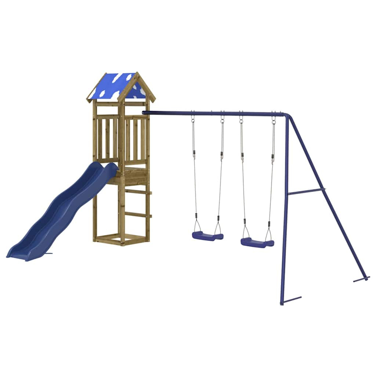 Ein Spielplatz mit einem hölzernen Spielhaus mit Rutsche und einer Schaukel. Alles in Blau- und Brauntönen. Weißer Hintergrund.