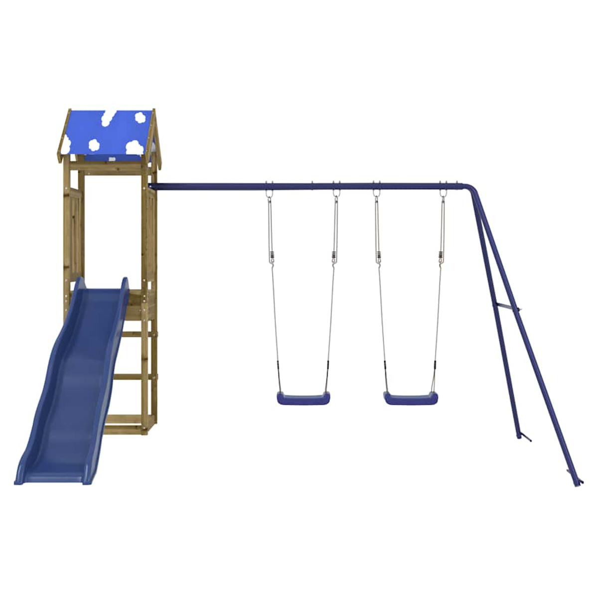Ein Spielplatz mit blauer Rutsche, Schaukeln und Holzstruktur. Das Dach ist blau mit weißen Flecken. Die Struktur befindet sich auf weißem Hintergrund.