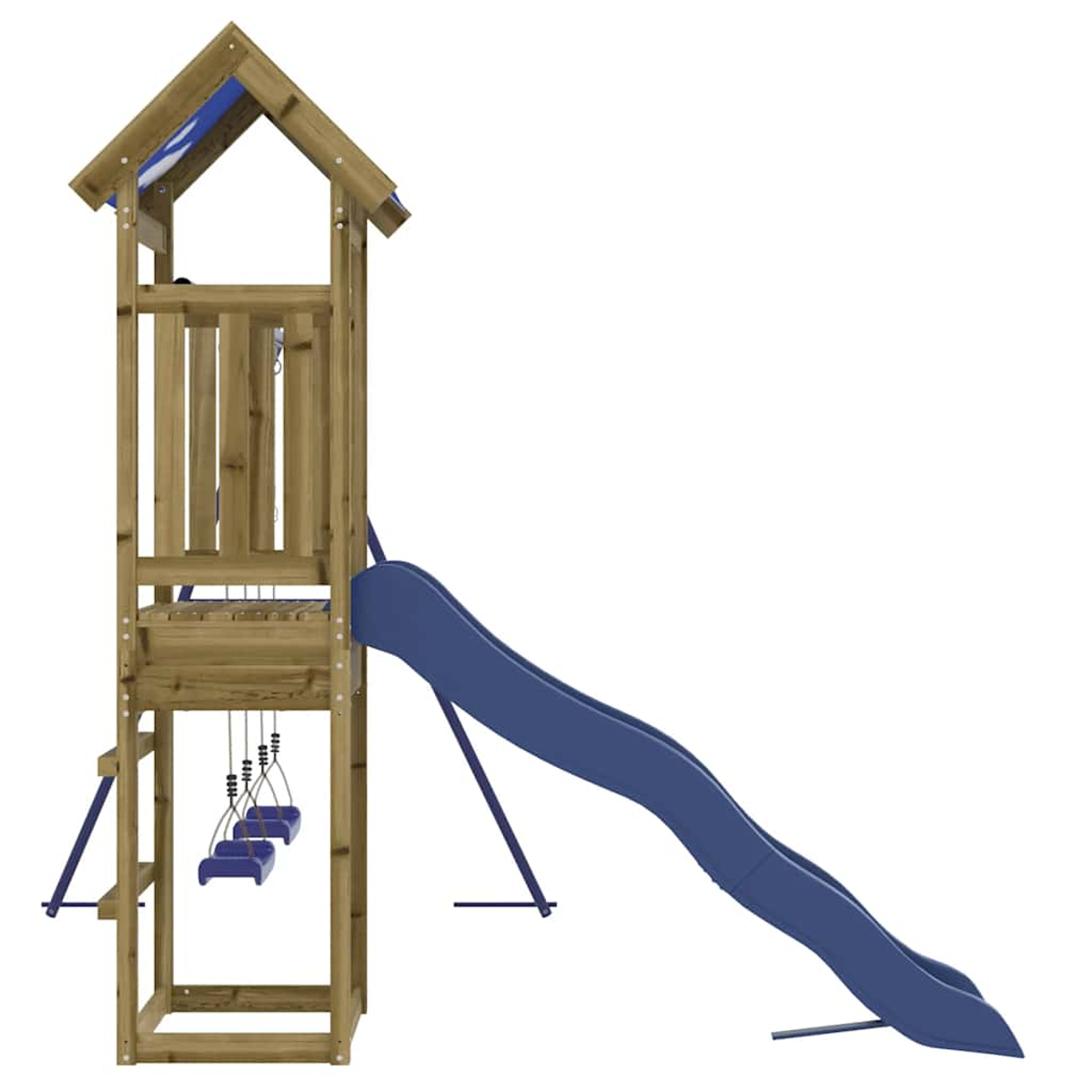 Holzspielplatz mit blauer Rutsche, Schaukeln und kleinem Haus. Vor weißem Hintergrund.
