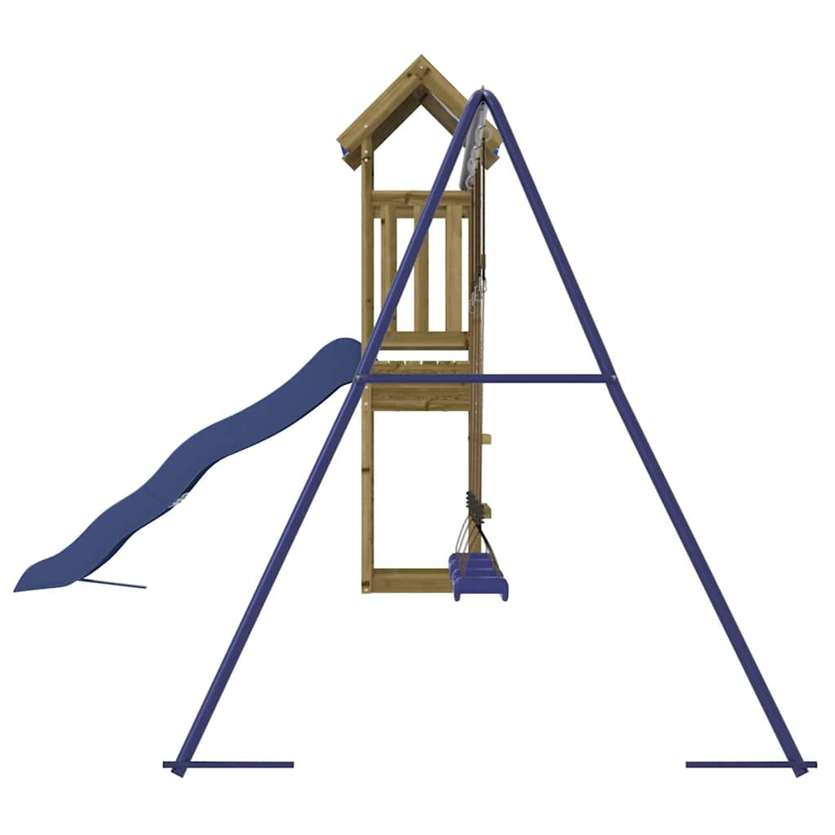 Ein Spielplatz-Set besteht aus einem hölzernen Spielhaus mit einer blauen Rutsche, einer Schaukel und einem blauen Metallrahmen. Der Hintergrund ist weiß.